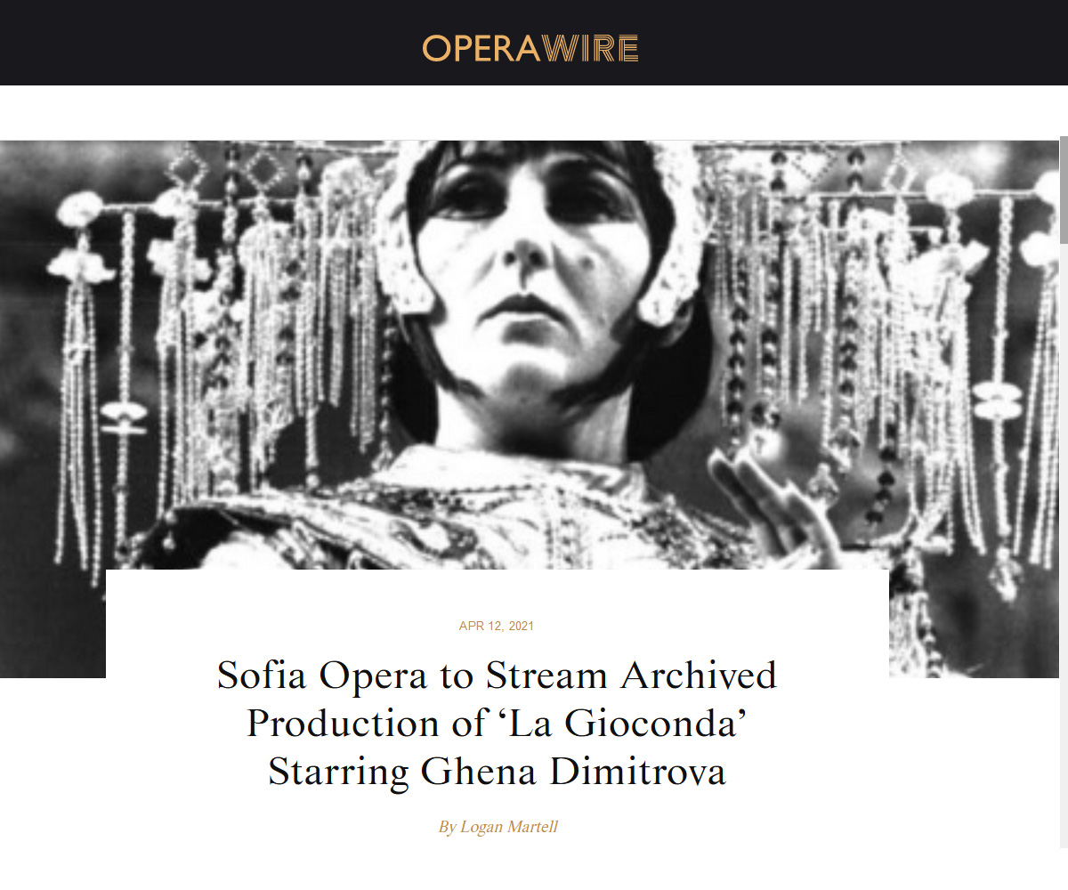 Sofia Opera to Stream Archived Production of ‘La Gioconda’ Starring Ghena Dimitrova